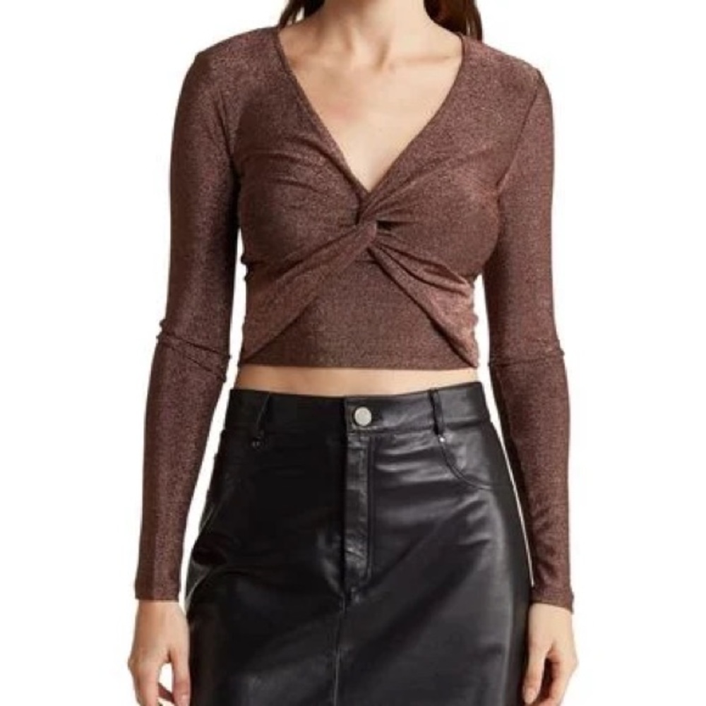 Elodie Twist-Front Metallic Long Sleeve Top Large